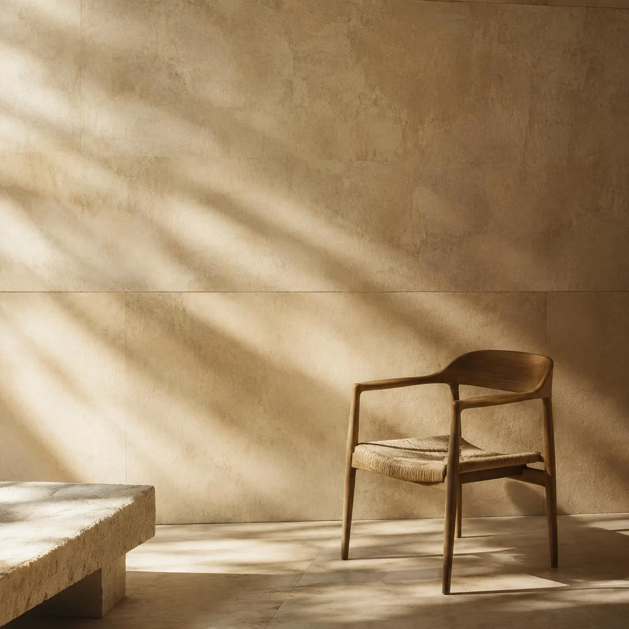 Stone interior with oak chair in raking light